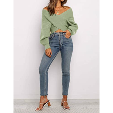 Stylish ZCSIA Women's V Neck Cropped Sweater in Green