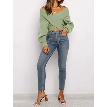 Stylish ZCSIA Women's V Neck Cropped Sweater in Green