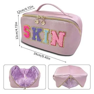 FILLYFALLA Large Capacity Zipper Travel Cosmetic Bag, Preppy Makeup Bag Organizer with Letter Patch,Portable Makeup Bag with Handle Great for Women and Girls (Pink)
