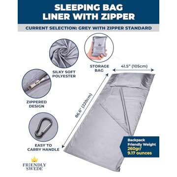 The Friendly Swede Sleeping Bag Liner Ultralight - Thin Travel Sheets for Hotel w Full Length Zipper; Silky Feel Camping Sheets & Adult Sleep Sack for Backpacking; Travel Sleeping Bag - Grey (Zipper)