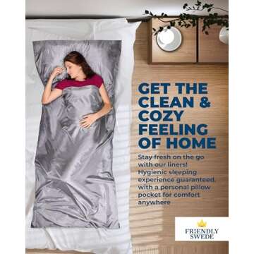 The Friendly Swede Sleeping Bag Liner Ultralight - Thin Travel Sheets for Hotel w Full Length Zipper; Silky Feel Camping Sheets & Adult Sleep Sack for Backpacking; Travel Sleeping Bag - Grey (Zipper)