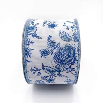 Designer’s Shop  WR 63-5156 Blue Rose Floral on Cream Wired Edge Ribbon 10 Yards for DIY Crafting