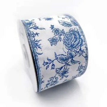 Stylish Blue Rose Floral Wired Edge Ribbon - 10 Yards of Elegance
