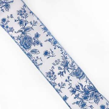 Stylish Blue Rose Floral Wired Edge Ribbon - 10 Yards of Elegance