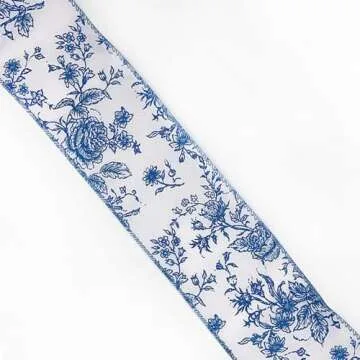 Stylish Blue Rose Floral Wired Edge Ribbon - 10 Yards of Elegance
