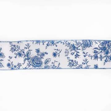 Stylish Blue Rose Floral Wired Edge Ribbon - 10 Yards of Elegance