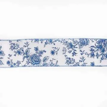 Stylish Blue Rose Floral Wired Edge Ribbon - 10 Yards of Elegance