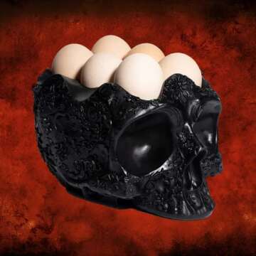 GUTE Skull Egg Holder Container Bowl 6" H Half Dozen Decorative Egg Keeper Storage Display Organizer Serveware Breakfast Serving for Countertop, Kitchen, Decor Skeleton Trick Or Treat