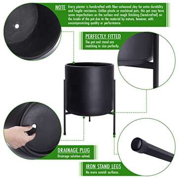 D'vine Dev Modern Black Plants Pot Cylinder Planter with Heavy Duty Stand, X-Large 14 Inch Pot, 19.6 Inch with Stand Height, 96-T-2-XL