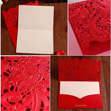 WOMHOPE 50 Pcs - Elegance Lace Emboss Laser Cut Card Wedding Invitation Party Folding Invitations Cards Birthday Invitations Cards Wedding Favors Party Favors (Red (Set of 50 pcs))