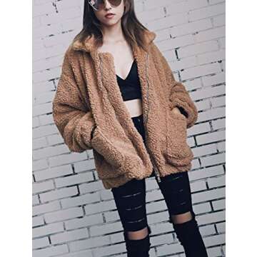 SHIBEVER Women's Jacket Lapel Fleece Fuzzy Faux Shearling Shaggy Coats Long Sleeve Winter Sherpa Zipper Teddy Outwear Camel L