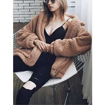 SHIBEVER Women's Jacket Lapel Fleece Fuzzy Faux Shearling Shaggy Coats Long Sleeve Winter Sherpa Zipper Teddy Outwear Camel L