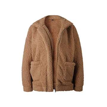 SHIBEVER Women's Jacket Lapel Fleece Fuzzy Faux Shearling Shaggy Coats Long Sleeve Winter Sherpa Zipper Teddy Outwear Camel L