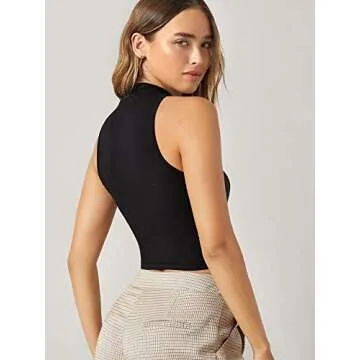 Floerns Black Mock Neck Sleeveless Crop Tank Top for Women