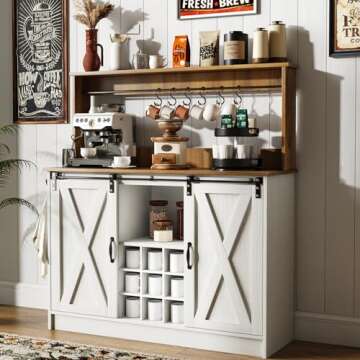 4ever2buy Farmhouse Coffee Bar Cabinet with 6 Hooks, 47'' Kitchen Coffee Bar with Hutch and 9 Wink Racks, White Coffee Bar Table with Sliding Barn Door for Dining Living Room