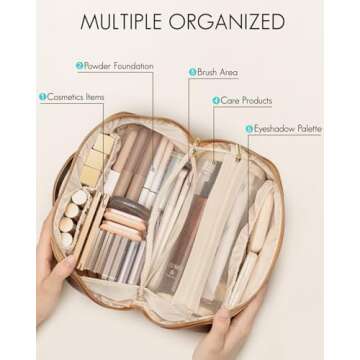 Vlando Makeup Bag,Travel Makeup Bag for Women Brown PU Leather Open Flat Makeup Organizer for Toilet...