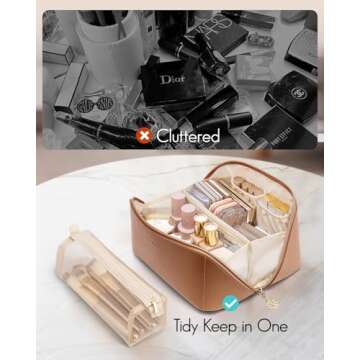 Vlando Makeup Bag,Travel Makeup Bag for Women Brown PU Leather Open Flat Makeup Organizer for Toiletries,Makeup Brushes Bag with Divider and Handle,Birthday Gifts for Women Traveler(Brown)