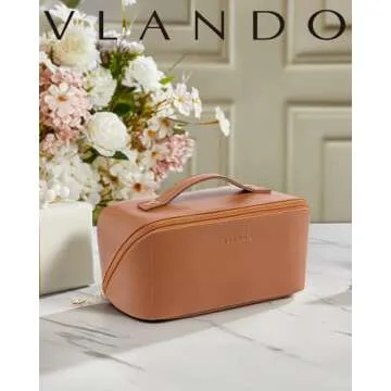 Vlando Makeup Bag,Travel Makeup Bag for Women Brown PU Leather Open Flat Makeup Organizer for Toiletries,Makeup Brushes Bag with Divider and Handle,Birthday Gifts for Women Traveler(Brown)