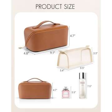 Vlando Makeup Bag,Travel Makeup Bag for Women Brown PU Leather Open Flat Makeup Organizer for Toiletries,Makeup Brushes Bag with Divider and Handle,Birthday Gifts for Women Traveler(Brown)