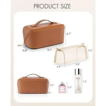 Vlando Makeup Bag,Travel Makeup Bag for Women Brown PU Leather Open Flat Makeup Organizer for Toiletries,Makeup Brushes Bag with Divider and Handle,Birthday Gifts for Women Traveler(Brown)