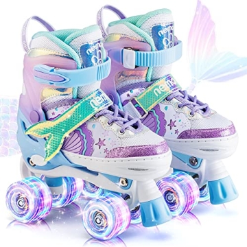 NEMONE Mermaid 4 Size Adjustable Light up Roller Skates for Girls, Blue Purple Skates for Toddlers, ...