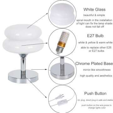 Jiesheng White Glass Bedside Lamps 10.63 Inch Egg Tart Lamp for Nightstand Retro Cute Desk Lamp with 3 Color Modes E27 Bulb Chrome Plated Base for Living Room Bedroom Rome Decor