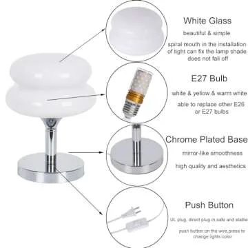Jiesheng White Glass Bedside Lamps 10.63 Inch Egg Tart Lamp for Nightstand Retro Cute Desk Lamp with 3 Color Modes E27 Bulb Chrome Plated Base for Living Room Bedroom Rome Decor