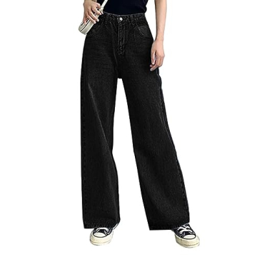 HDLTE Women Wide Leg Jeans Junior High Waist Baggy Jeans Loose Boyfriends Jeans Black Washed