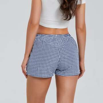 NUFIWI Women Y2k Pajamas Shorts Gingham Cute Pj Short Pants Plaid Lounge Shorts Sleep Bottoms Elastic Boxers Streetwear(Dark Blue,S)
