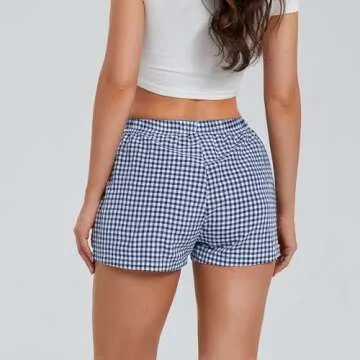 NUFIWI Women Y2k Pajamas Shorts Gingham Cute Pj Short Pants Plaid Lounge Shorts Sleep Bottoms Elastic Boxers Streetwear(Dark Blue,S)