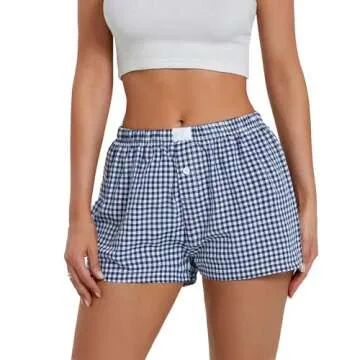 NUFIWI Women Y2k Pajamas Shorts Gingham Cute Pj Short Pants Plaid Lounge Shorts Sleep Bottoms Elastic Boxers Streetwear(Dark Blue,S)