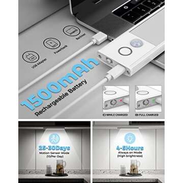 LED Under Cabinet Lighting Wireless,1500mAh USB-C Rechargeable LED Motion Sensor Light Indoor Closet Lights Motion Sensored Under Counter Lights for Kitchen Lights Under Cabinet(White,9.8inch)