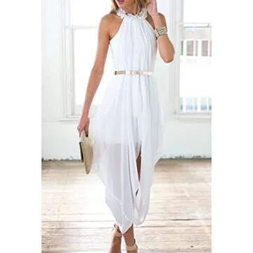 Women's Sheer Chiffon Folds Hi Low Loose Dress Delicate Gold Belt Casual Beach Party Dresses Outer M...