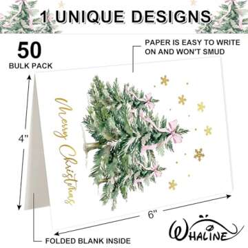 Whaline 50 Packs Merry Christmas Gold Foil Greeting Cards Green Xmas Tree Pink Bow Blank Note Cards ...