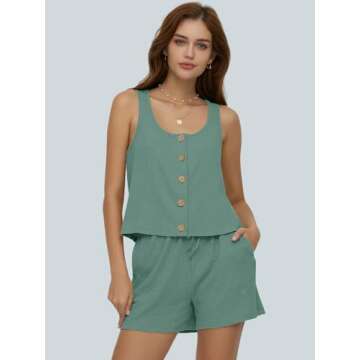 DEEP SELF Ribbed Knit Pajamas Sets for Women Button-Down Loungewear Casual Sleeveless Top and Shorts 2 Piece Soft Home Lounge Set Gray Green