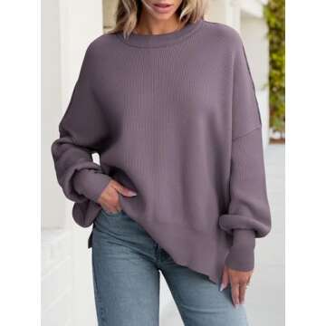 ANRABESS Women Crewneck Batwing Long Sleeve 2024 Fall Oversized Side Slit Ribbed Knit Pullover Sweaters Top Cozy Outfits Purple Small