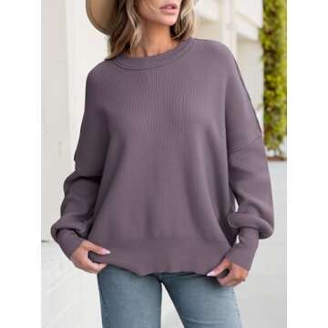 ANRABESS Women Crewneck Batwing Long Sleeve 2024 Fall Oversized Side Slit Ribbed Knit Pullover Sweaters Top Cozy Outfits Purple Small