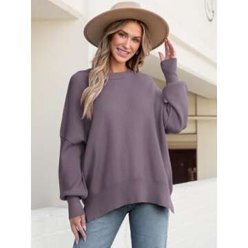 ANRABESS Women Crewneck Batwing Long Sleeve 2024 Fall Oversized Side Slit Ribbed Knit Pullover Sweaters Top Cozy Outfits Purple Small