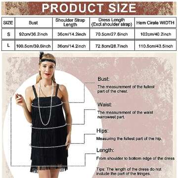 Tisancy 6 Pcs 1920s Flapper Costume for Women Fringed Dress with 20s Accessories Set Headband Necklace Earrings Gloves Stick (Small), Black