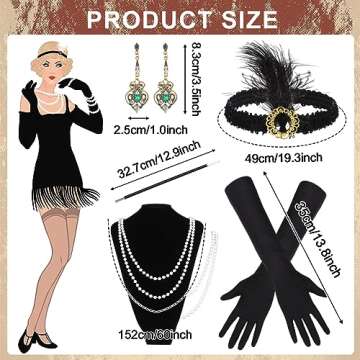 Tisancy 6 Pcs 1920s Flapper Costume for Women Fringed Dress with 20s Accessories Set Headband Necklace Earrings Gloves Stick (Small), Black