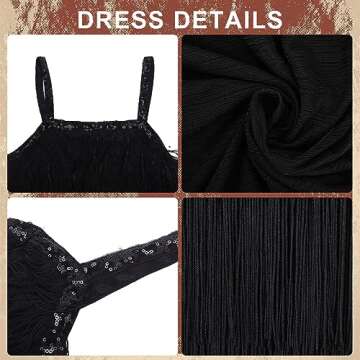 Tisancy 6 Pcs 1920s Flapper Costume for Women Fringed Dress with 20s Accessories Set Headband Necklace Earrings Gloves Stick (Small), Black