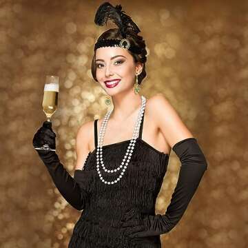 Tisancy 6 Pcs 1920s Flapper Costume for Women Fringed Dress with 20s Accessories Set Headband Necklace Earrings Gloves Stick (Small), Black