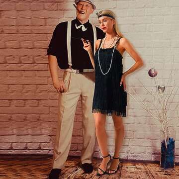 Tisancy 6 Pcs 1920s Flapper Costume for Women Fringed Dress with 20s Accessories Set Headband Necklace Earrings Gloves Stick (Small), Black