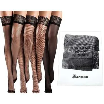 Bencailor 4 Pairs Fishnet Thigh High Stocking for Women Silicone Lace Top Sheer Over Knee Silky Stockings(Black,Medium)