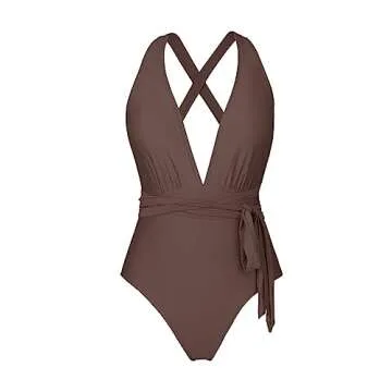 CUPSHE One Piece Swimsuit for Women Bathing Suit Sexy Deep V Neck Wrap Tie Cross Back, M Coffee Brown