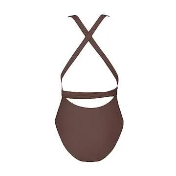 CUPSHE One Piece Swimsuit for Women Bathing Suit Sexy Deep V Neck Wrap Tie Cross Back, M Coffee Brown