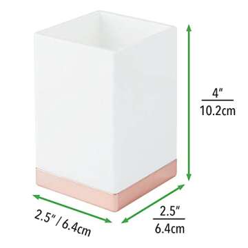 mDesign Modern Square Tumbler Cup for Bathroom Vanity Countertops - for Mouthwash/Mouth Rinse, Storing and Organizing Makeup Brushes, Eye Liners, Accessories - Slim Design - White/Rose Gold