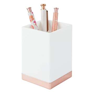 mDesign Modern Square Tumbler Cup for Bathroom Vanity Countertops - for Mouthwash/Mouth Rinse, Storing and Organizing Makeup Brushes, Eye Liners, Accessories - Slim Design - White/Rose Gold