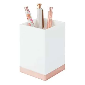 mDesign Modern Square Tumbler Cup for Bathroom Vanity Countertops - for Mouthwash/Mouth Rinse, Storing and Organizing Makeup Brushes, Eye Liners, Accessories - Slim Design - White/Rose Gold