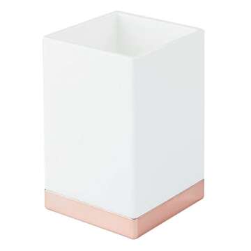 mDesign Modern Square Tumbler Cup for Bathroom Vanity Countertops - for Mouthwash/Mouth Rinse, Storing and Organizing Makeup Brushes, Eye Liners, Accessories - Slim Design - White/Rose Gold
